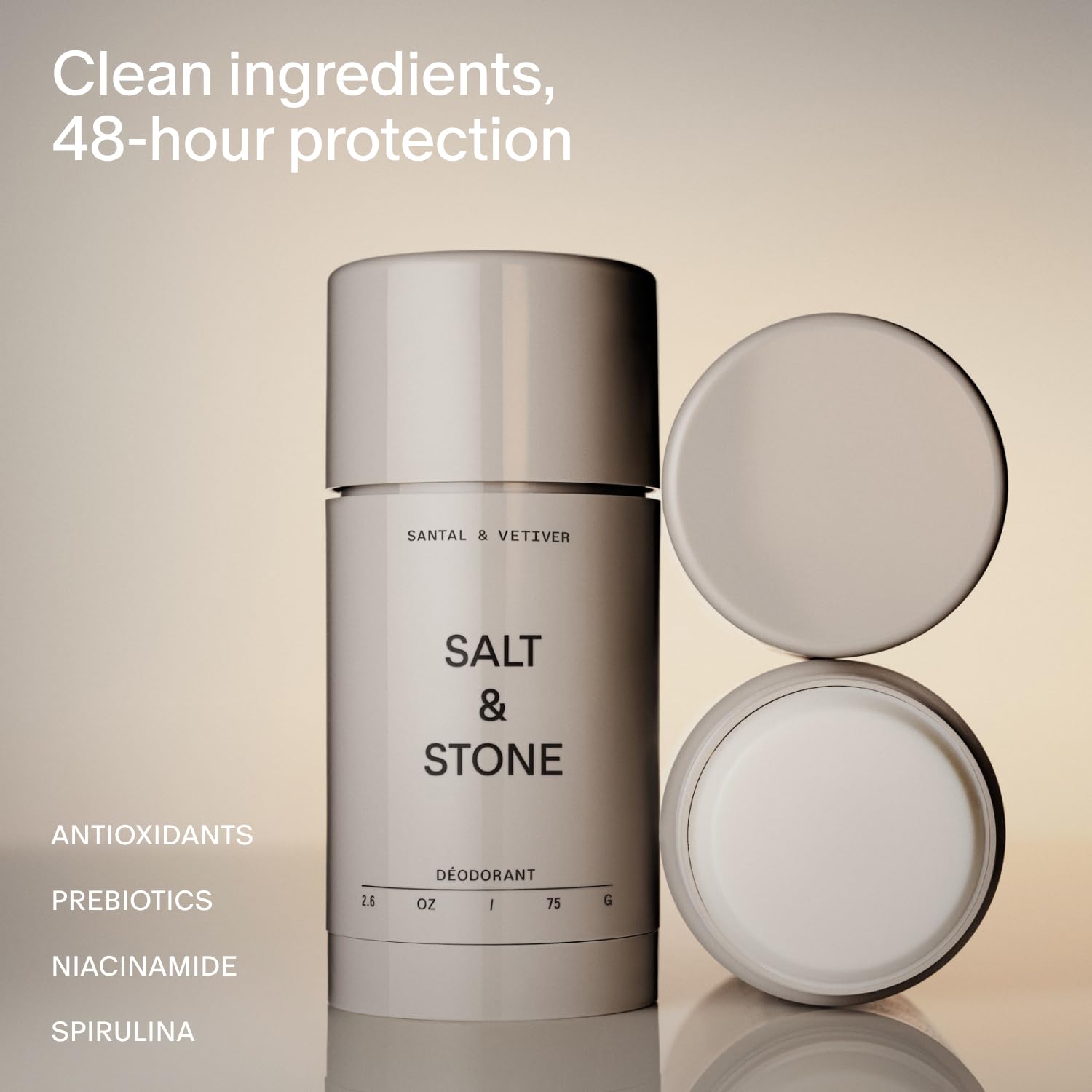 Salt & Stone Aluminum Free Deodorant | Extra Strength 48 Hour Protection for Women & Men | Made with Seaweed Extracts, Niacinamide & Prebiotics | Santal & Vetiver Salt & Stone uk supplements