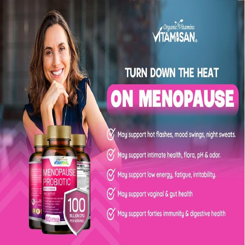 Menopause Support for Women – Hormone-Free Prebiotics & Probiotics 100 Billion CFU with Black Cohosh & Ashwagandha | Feminine Care, pH Balance, Vaginal Health, Hot Flashes, Night Sweats & Mood Swings VITAMISAN uk supplements