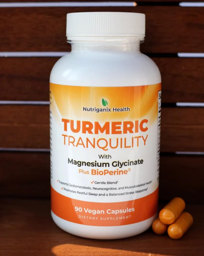 Turmeric Tranquility Turmeric Curcumin & Magnesium Glycinate with BioPerine – Support for Stress Relief, Sleep, Heart Health, Muscles, Metabolism, and Joint Health* - High Absorption - 90 Capsules (1) Nutriganix uk supplements