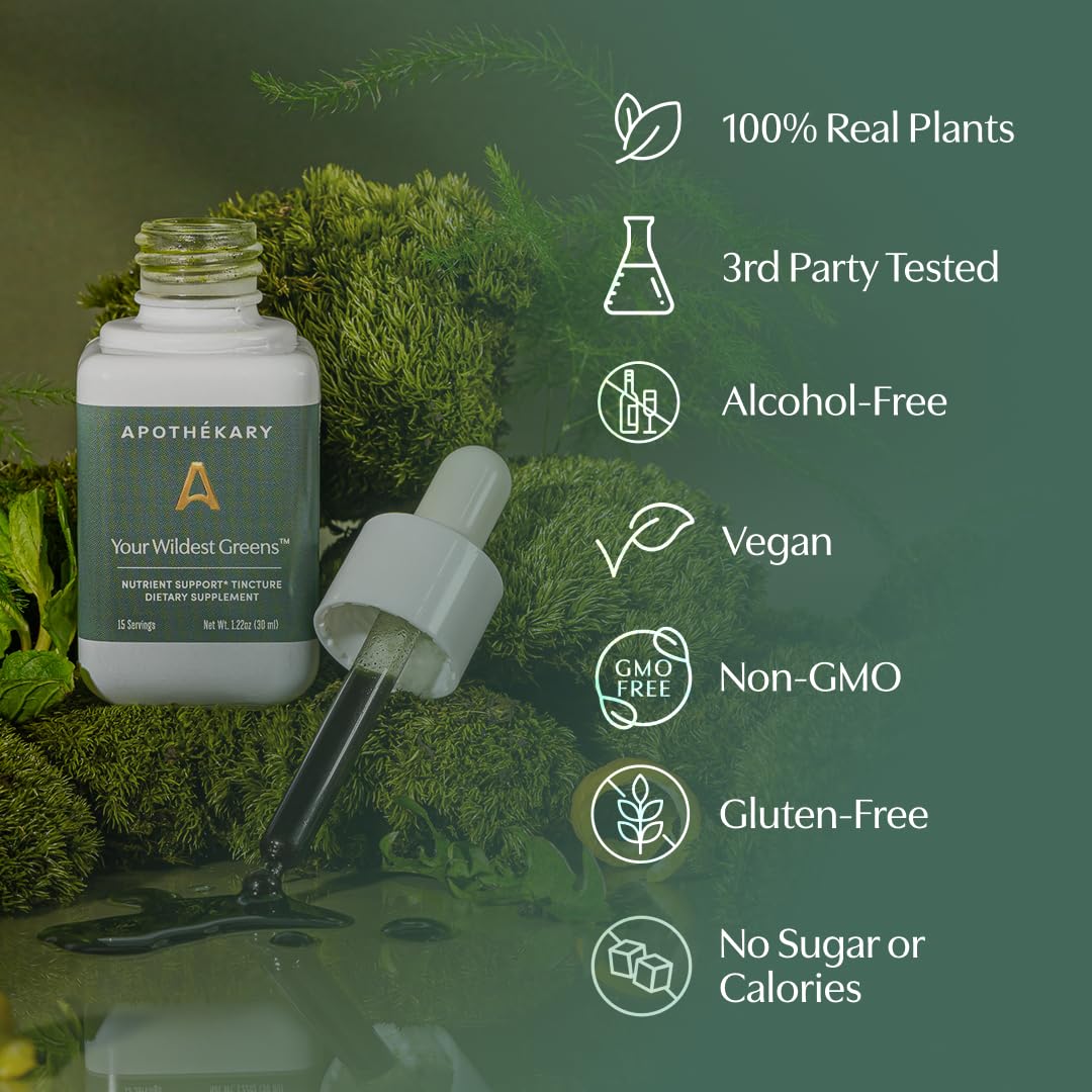 Apothékary Your Wildest Greens Herbal Liquid Drops, All-in-One Daily Superfood Supplement, Vitamin & Mineral Support, 5X Potency of Greens Powders, Sugar Free, Calorie Free, (15 Servings) 1.22oz Apothékary uk supplements