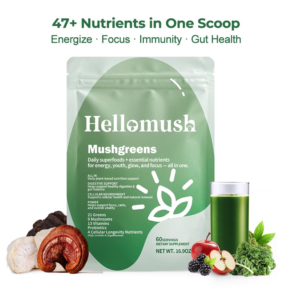 Hellomush Super Greens Powder Superfood, Daily Green Powder Supplement with Probiotics Drink Mix for Men & Women, Blend of Greens, Mushrooms, Vitamins, Probiotics and Cellular Nutrients Hellomush uk supplements