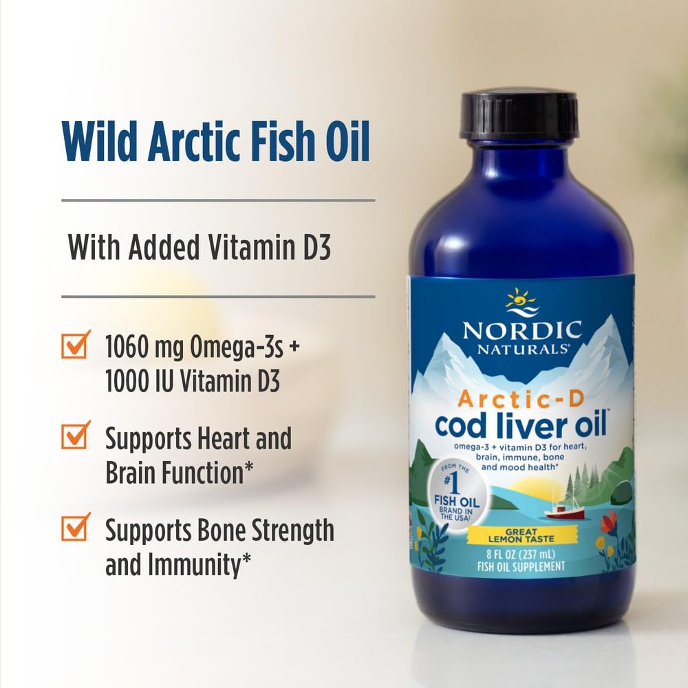 Nordic Naturals Arctic-D Cod Liver Oil, Lemon - 8 oz - 1060 mg Total Omega-3s + 1000 IU Vitamin D3 - EPA & DHA - Heart, Brain, Bone, Immune & Mood Support - Non-GMO - 48 Servings Nordic Naturals uk supplements