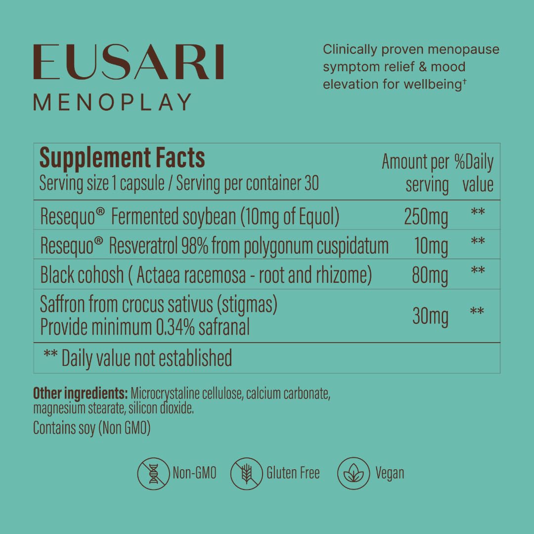 Menoplay Menopause & Perimenopause Relief Supplement – Non-Hormonal Formula with Equol, Black Cohosh & Saffron – Helps Hot Flashes, Night Sweats, Mood & Sleep – Doctor Formulated – 30 Tablets Eusari uk supplements