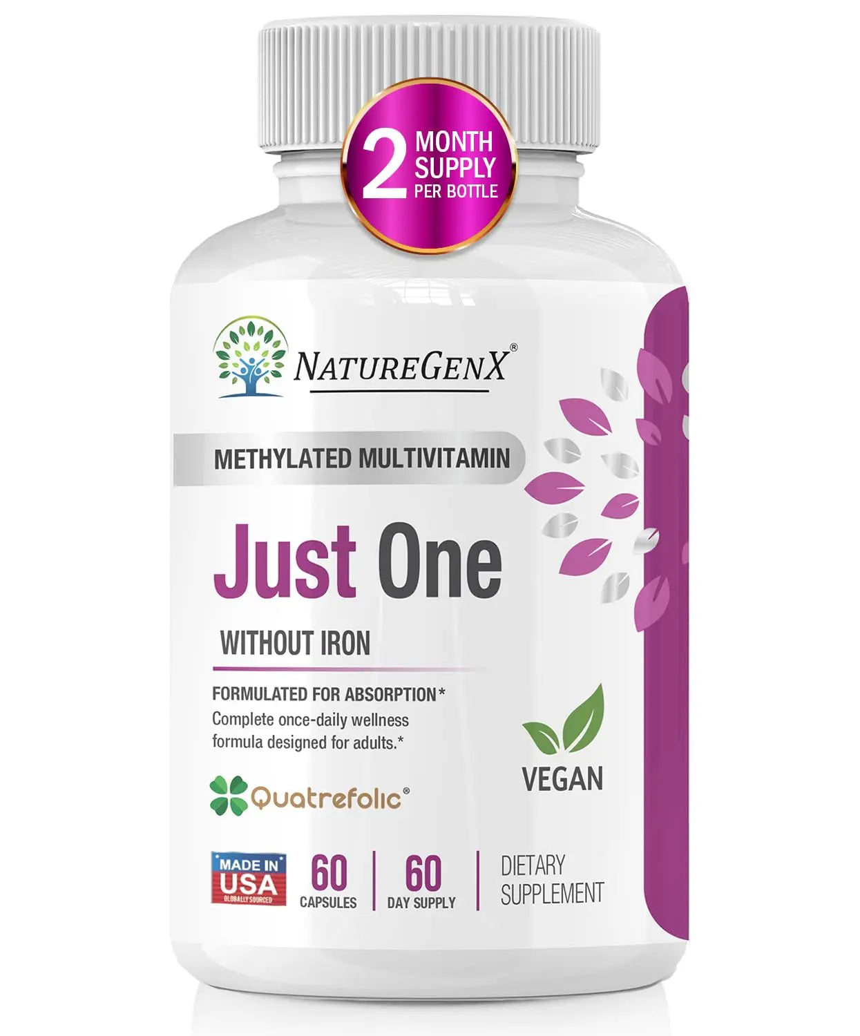 NatureGenX Just One Daily Methylated Multivitamin - 60 Caps Pure Methyl B12, Methylfolate MTHFR Support Supplement Iron Free Methylated Vitamins NatureGenX uk supplements