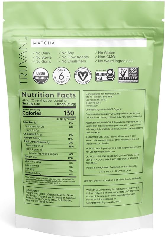 Truvani Organic Vegan Protein Powder Matcha - 20g of Plant Based, Organic Protein Truvani uk supplements