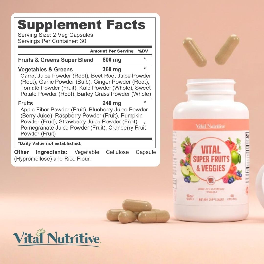 Vital Super Fruits & Veggies - Daily Superfood Capsules for Adults - Fruit & Vegetable Supplements to Boost Immunity & Energy - 2-in-1 Formula for Overall Wellness VITAL NUTRITIVE uk supplements