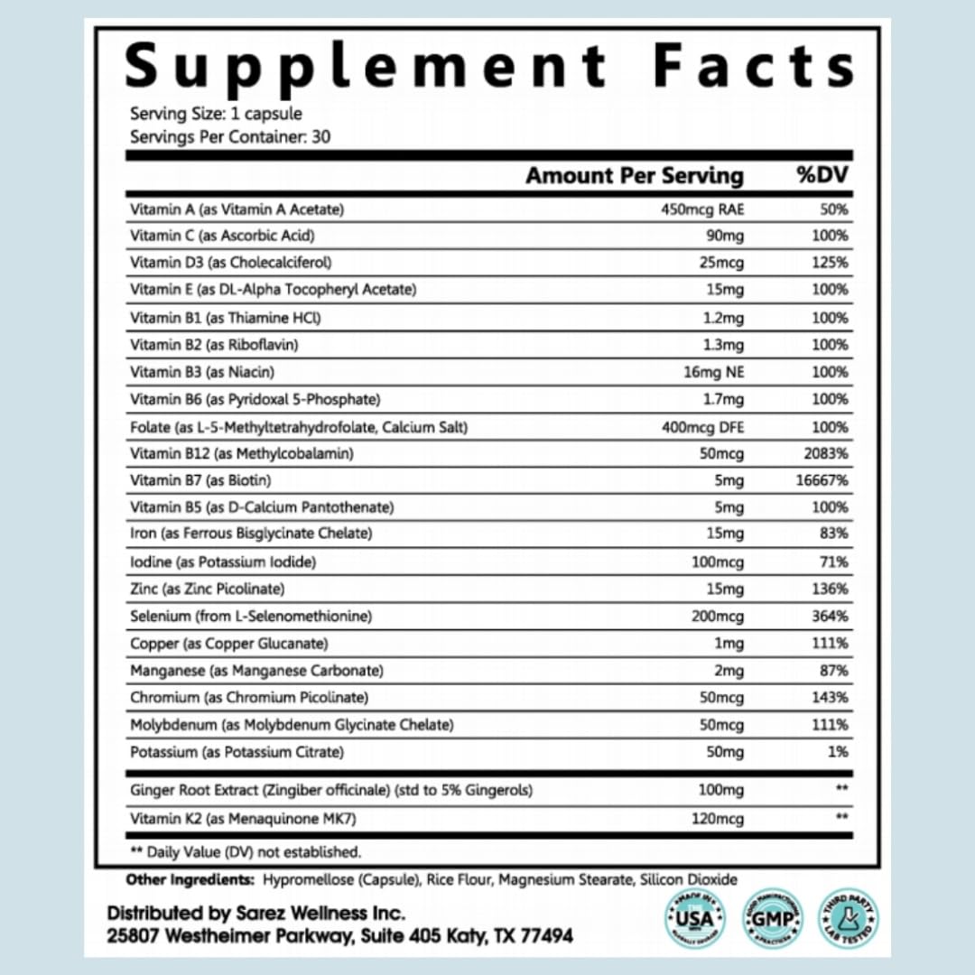 Sarez GLP-1 Support Capsules — Methylated Vitamins & Chelated Minerals — Energy, Metabolism, Hair & Daily Nutrient Support — with Ginger for Nausea — Gentle on Stomach — 30 Day Supply Sarez uk supplements