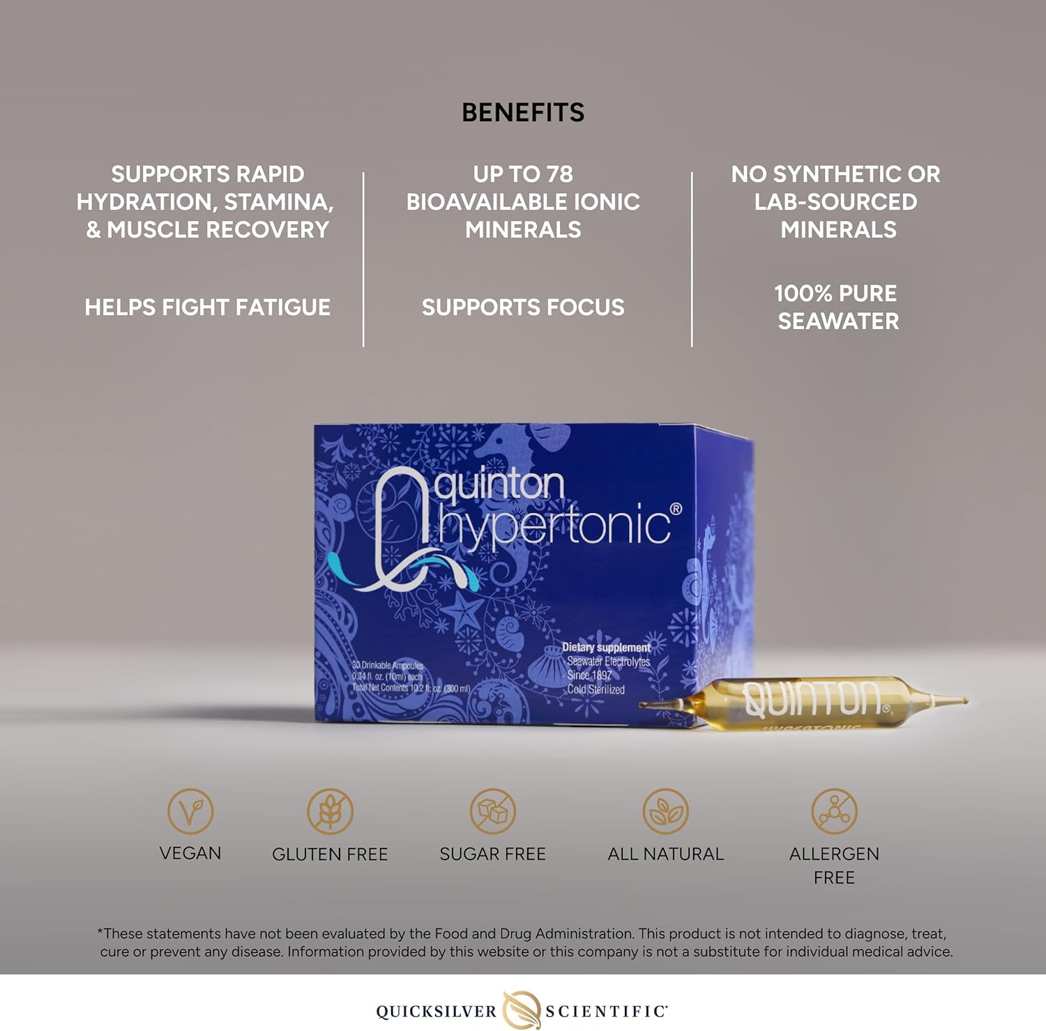 Quicksilver Scientific Original Quinton Hypertonic Solution - Sea Water Hydration - Liquid Minerals with Electrolytes for Muscle Recovery, Stamina+Mineral Replenishment (30 Single Serving Glass Vials) Quicksilver Scientific uk supplements