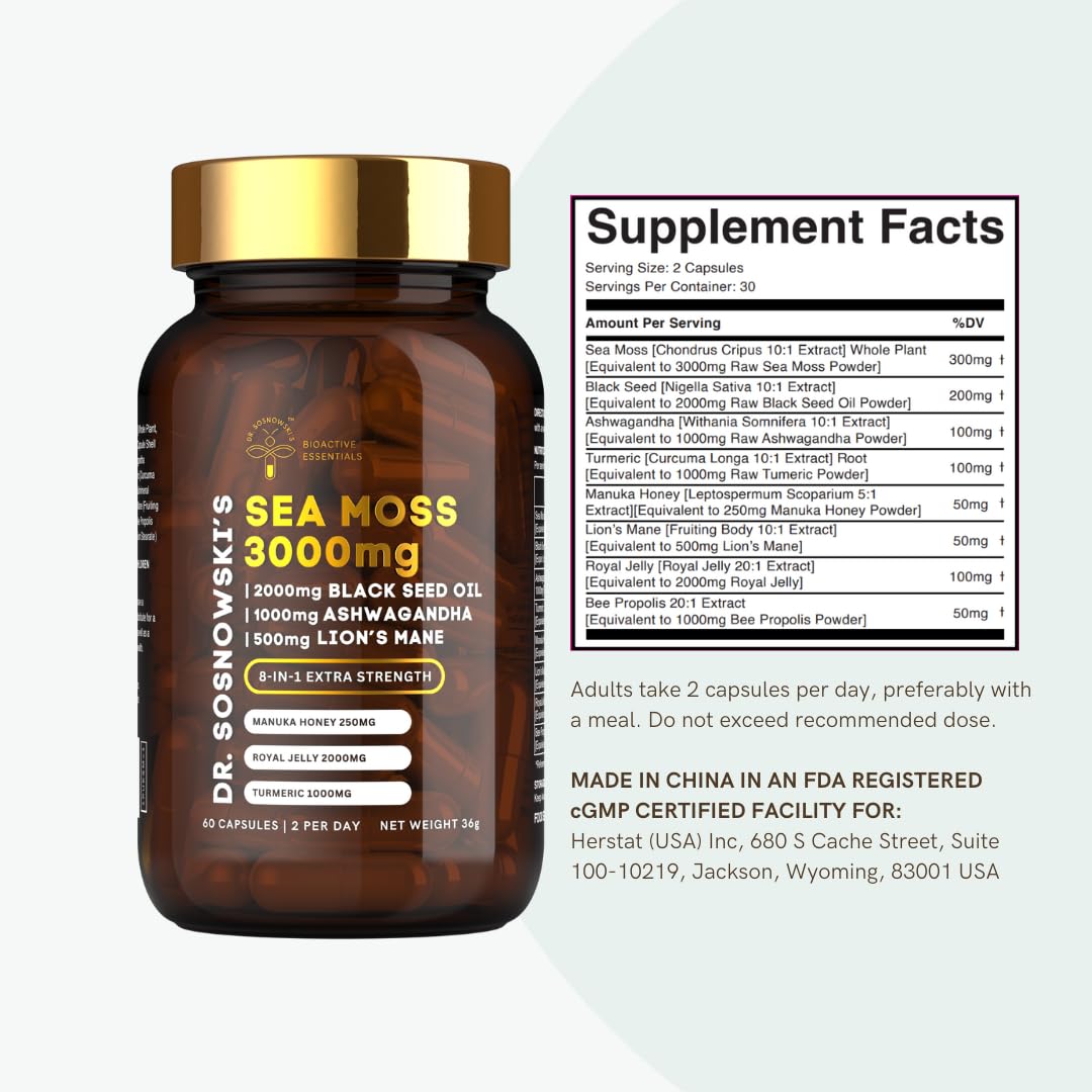Dr Sosnowski's BioActive Sea Moss | 8-in-1 Formula Enriched with Black Seed, Ashwagandha, Turmeric, Manuka Honey, Lion's Mane, Royal Jelly, Bee Propolis Extract | 60 Capsules Dr Sosnowski's uk supplements