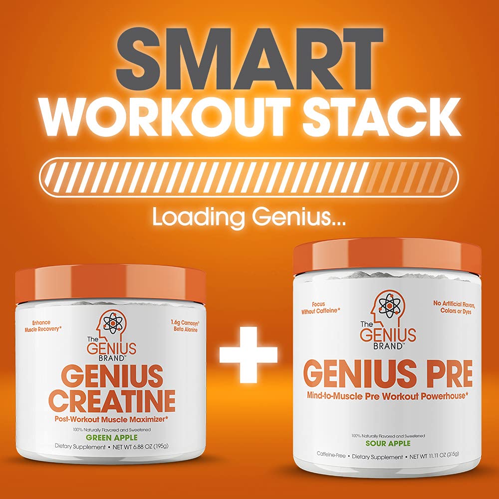 Genius Micronized Creatine Monohydrate Powder, Post Workout Supplement, Green Apple - 100% Naturally Flavored & Sweetened - Supports Muscle Building, Cellular Energy & Cognitive Function – 195g The Genius Brand uk supplements