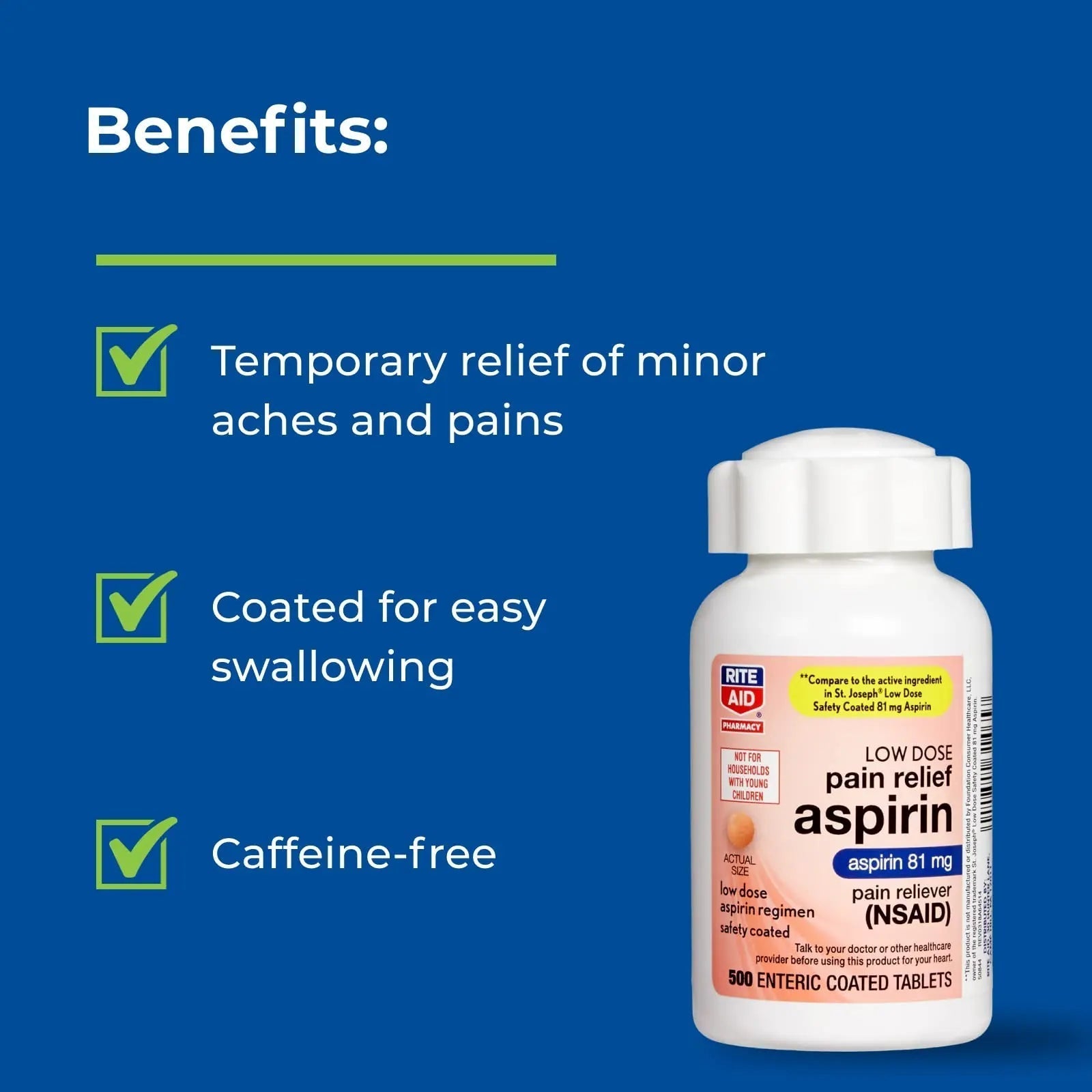 Rite Aid Aspirin Enteric Tablets - 81 mg Aspirin - 500 Count - Low-Dose for Headache Relief - Safety Coated - Aspirin Regimen - Migraine Medicine - Pain Relief Rite Aid uk supplements