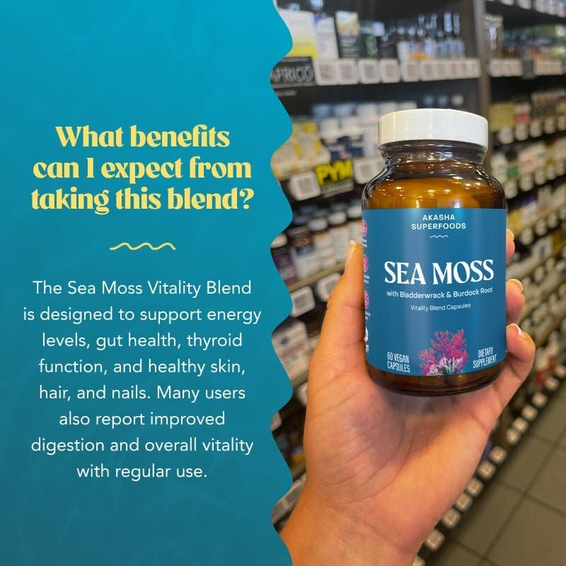Akasha Superfoods Sea Moss Capsules, Organic Irish Moss with Bladderwrack Root, Burdock Root, and BioPerine, Skin, Thyroid, Digestion & Immunity Support for Women & Men, Gluten Free, Vegan, 60 Count Akasha Superfoods uk supplements