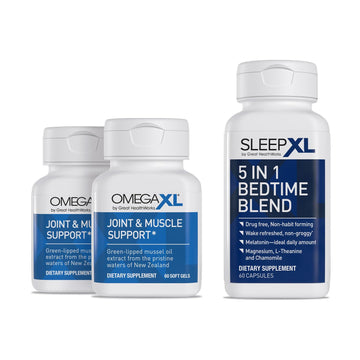 OmegaXL Joint Relief Supplement - Natural Muscle Support, 60 Softgels (2 Pack) & SleepXL immediate-Release melatonin, L-Theanine (Calming), Chamomile, Magnesium & B6 (60 Vegan Capsules) OmegaXL uk supplements