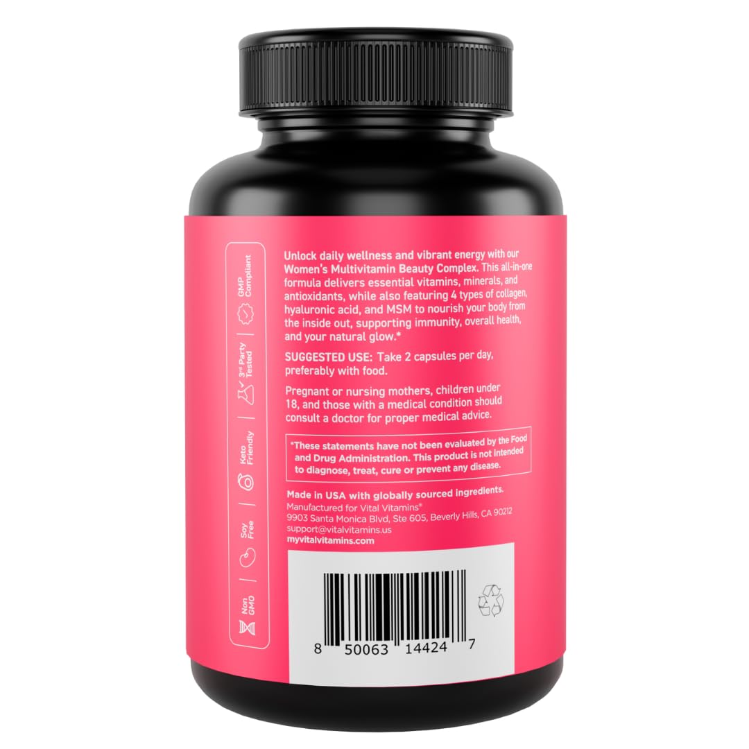 Vital Vitamins Women's Multivitamin Complex - Made with Multi-Collagen Blend, Hyaluronic Acid, & MSM - Beauty Multivitamins - with Vitamin A, C, E, B6, B12, D3-60 Capsules Vital Vitamins uk supplements