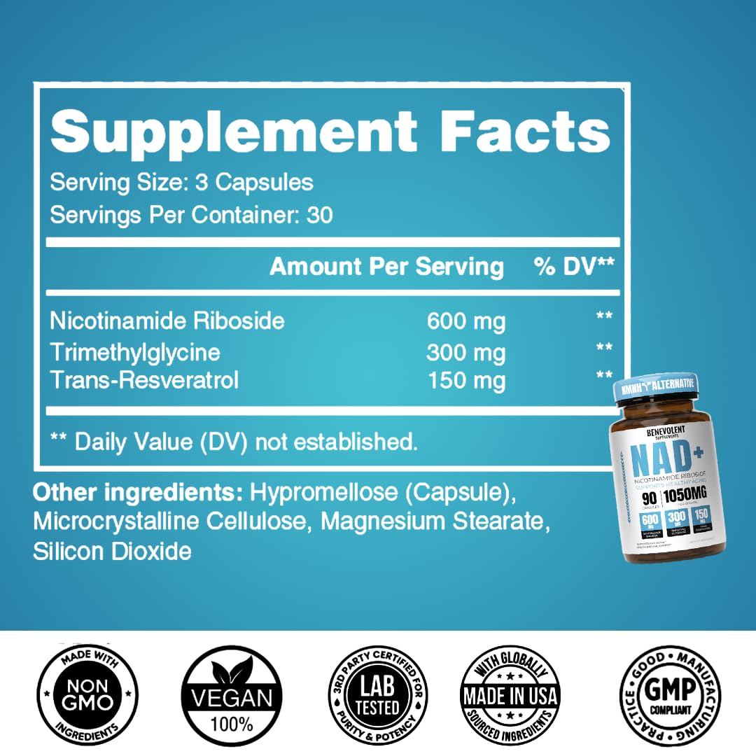 Benevolent NAD+ Supplement 1050mg, Max Absorption 3in1 NAD Supplements for Women & Men with Nicotinamide Riboside, Trans-Resveratrol & TMG, NAD Plus for Cellular Energy, Brain Support & Aging, 90 Caps Benevolent Nourishment uk supplements