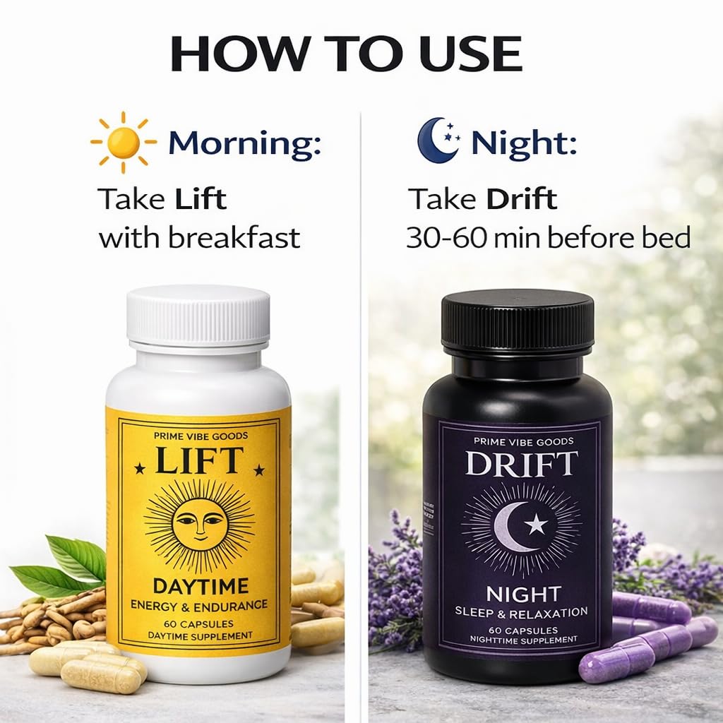 Prime Vibe Goods Lift & Drift – Energy & Stress Support Supplement – Adaptogens for Focus, Relaxation & Sleep – Ashwagandha, Magnesium, Rhodiola, GABA, Maca – Vegan (2-Pack, 120 Capsules) Prime Vibe Goods uk supplements