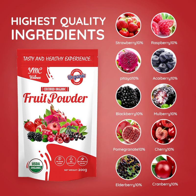 Organic Superfood Fruit Powder Smoothie & Juice mix - Antioxidants Rich Nutrients. Digestive Health, Weight Management, Immune Boosting, Energy boosting, Vitality, Vegan, Non- GMO, Gluten Free, Vegan. YMC Wellness uk supplements