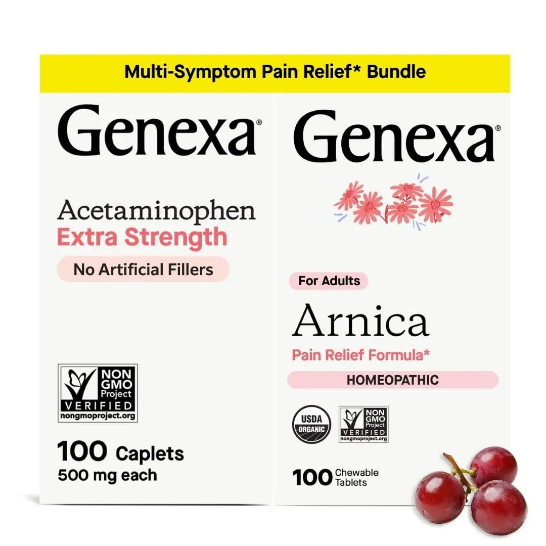 Genexa Adult Pain Relief Bundle | 500mg Acetaminophen Caplets + Homeopathic Arnica Chewables | Fast Relief for Headache, Joint & Muscle Pain | OTC + Homeopathic Combo | No Dyes or Artificial Additives Genexa uk supplements