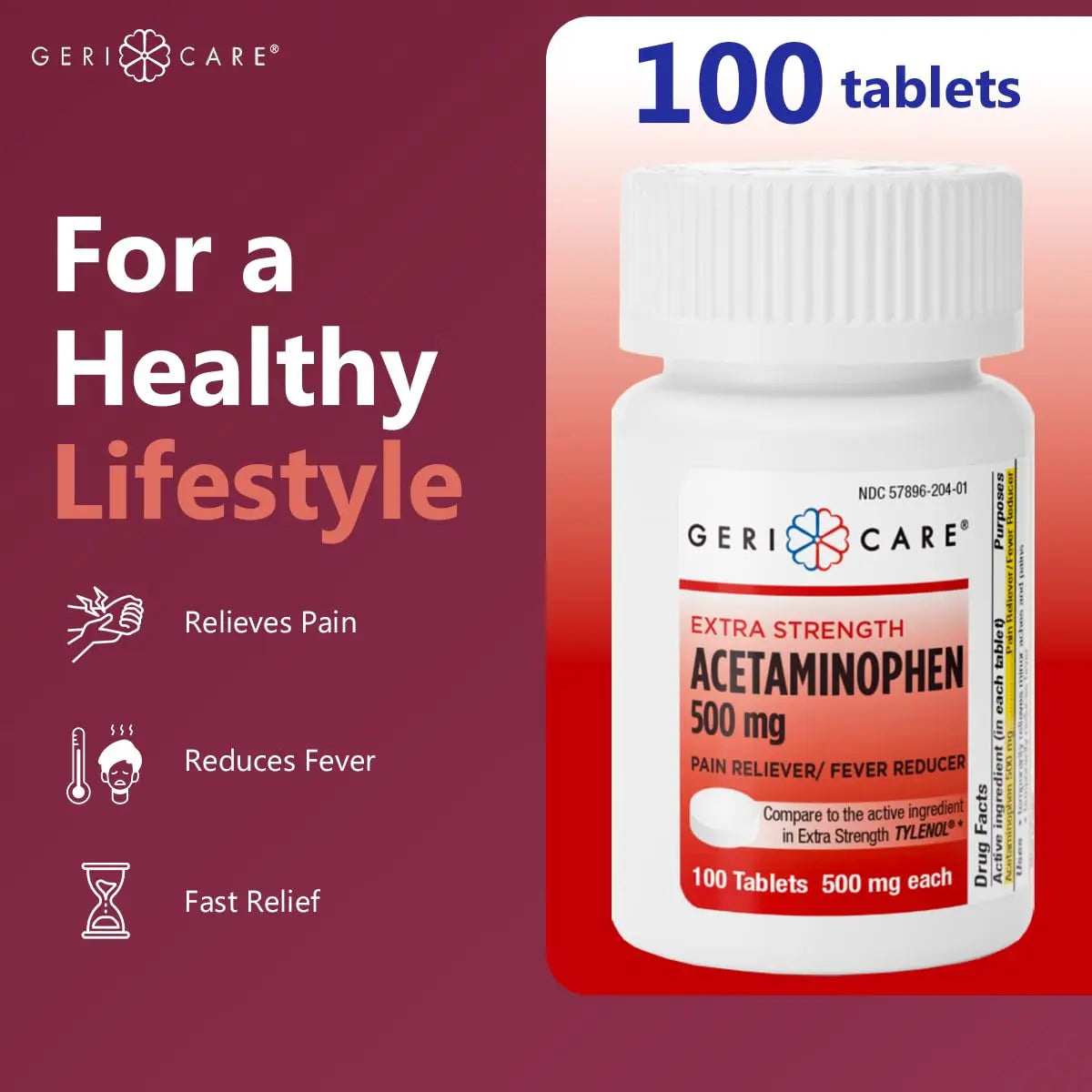 GeriCare Extra Strength Acetaminophen Pain Relief Fever Reducer Tablets, Strength 500mg Tablet | Joint, Muscle, Arthritis, Back Pain, Body Pain Relief, 100 Count (Pack of 2) GeriCare uk supplements