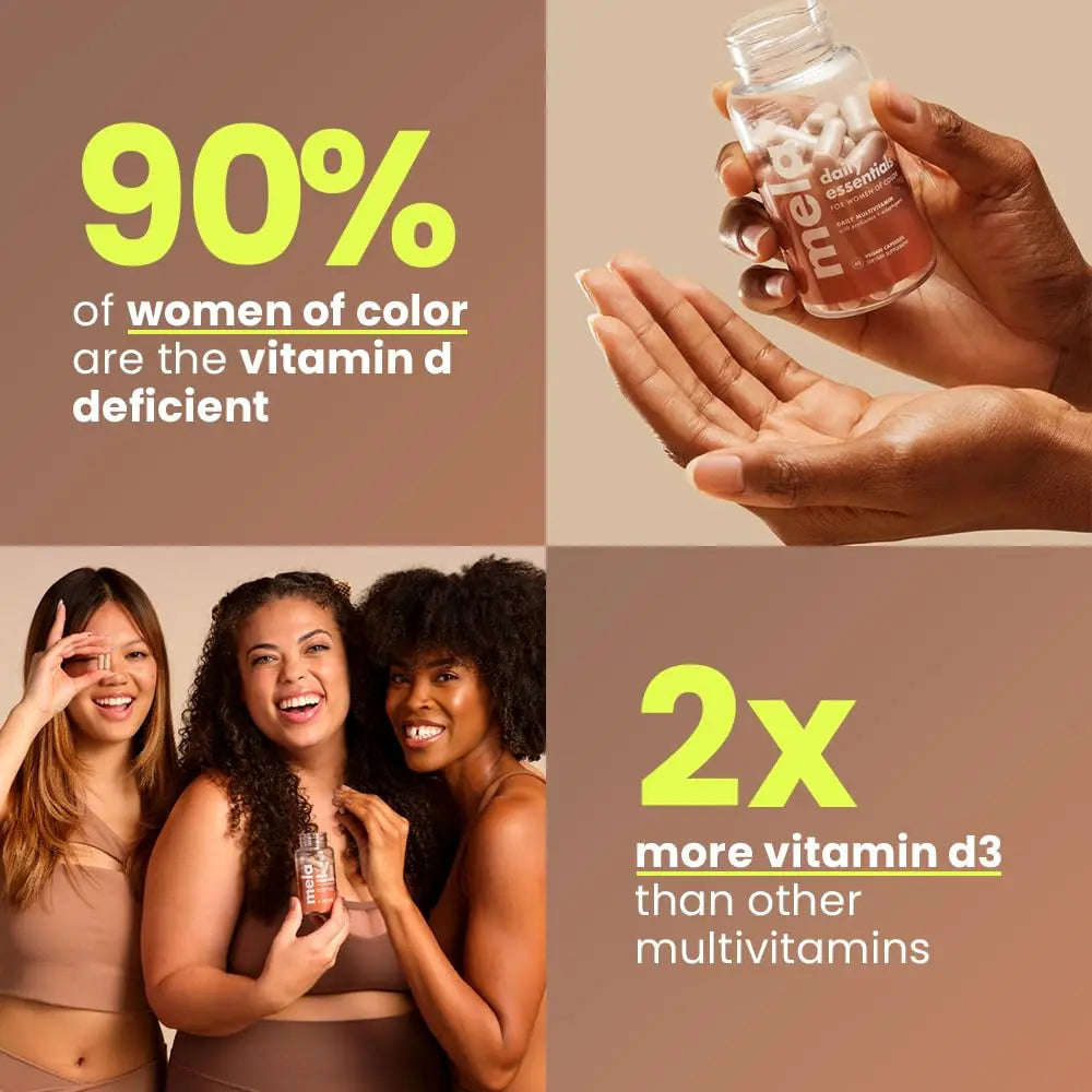 Mela Daily Essentials Multivitamin for Melanated Women - High-Dose Vitamin D3 and B12, Probiotics, Lion's Mane, Ceylon Cinnamon Mela uk supplements