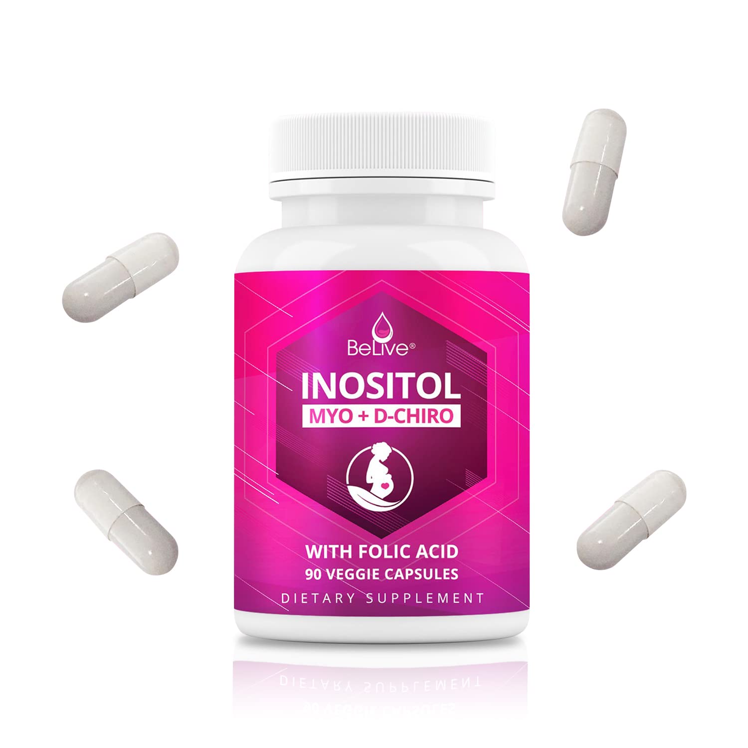 Myo-Inositol & D-Chiro Inositol Capsules with Folic Acid for PCOS | Prenatal Fertility BeLive uk supplements