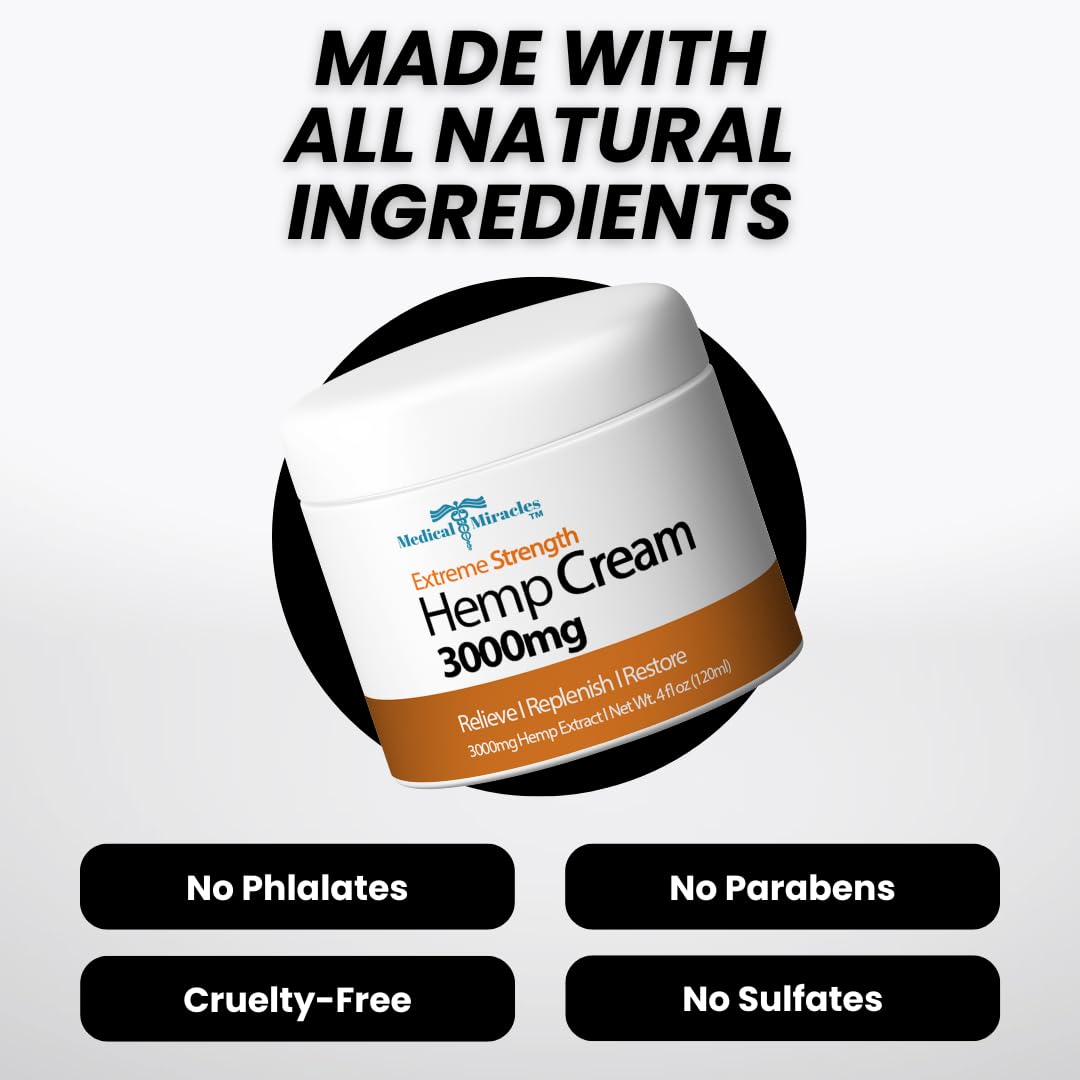 Medical Miracles Hemp Relief Cream - Ideal for Muscles, Joints, Neck, Back, Elbows, Hands, Feet, and Knees - (3000mg) Medical Miracles uk supplements
