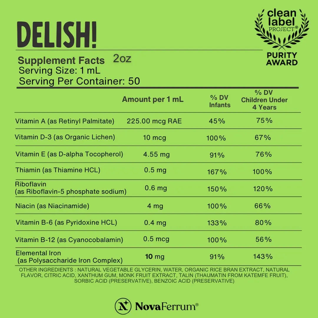 NovaFerrum Delish | Vegan Multivitamin with Iron for Infants, Toddlers & Kids | Immune Support | Organic Plant-Based D-3 | NovaFerrum uk supplements