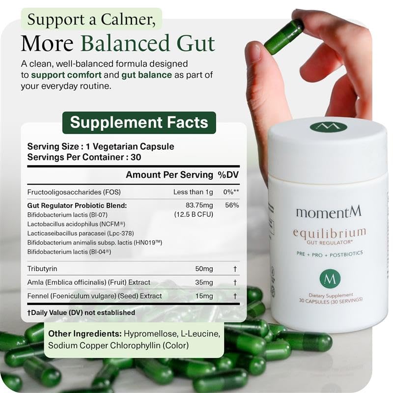 momentM Equilibrium 3-in-1 Probiotics for Women & Men Digestive Health, Prebiotics and Probiotics for Women with HOWARU Strains, Postbiotics & Fennel for Bloat & Gut Health,12.5B CFU, 30 Capsules momentM uk supplements