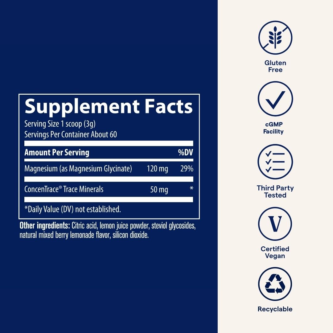 Trace Minerals Magnesium Glycinate Powder - Daily Magnesium Powder for Sleep Support - Calming Bedtime Drink - Natural & Gentle - Mixed Berry Lemonade - 180g (60 Servings) Trace Minerals uk supplements