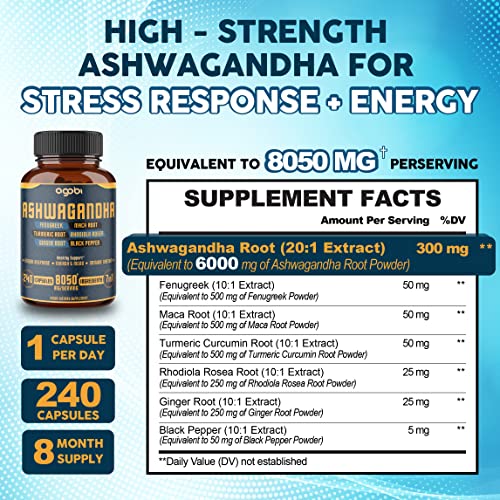 240 Capsules - 8 Month Supply - 7in1 Ashwagandha 8050mg - Combined With Fenugreek agobi uk supplements