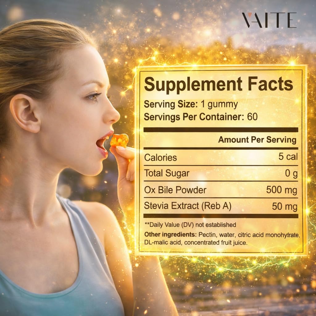 VAITE Ox Bile Gummies – 500mg Digestive Support for Gallbladder & Gut Health – Non-GMO, Sugar-Free Supplement – Helps Nutrient Absorption & Bile Flow – 60 Easy-to-Chew Bile Acid Chewables VAITE uk supplements