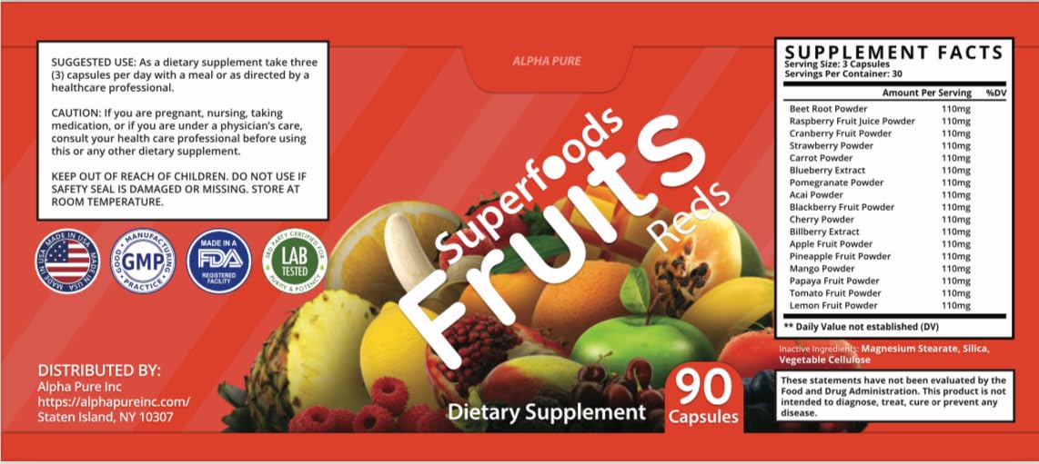 Alpha Pure Superfoods Reds Fruits and Greens 180 Capsules Vegetables Fruits and Veggies Superfood | Natural Balance of 90 Fruit Capsules, 90 Veggie Capsules for Men, Women Vitamins and Minerals Alpha Pure uk supplements