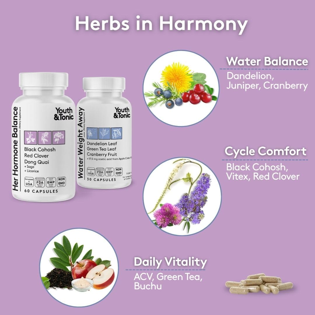 Youth & Tonic PMS & Menopause Bloating Relief Duo – Support for Puffiness, Hormonal Balance & Fluid Retention – Her Hormone Balance + Water Weight Away Natural Herbs for Women, 90 Capsules Youth & Tonic uk supplements