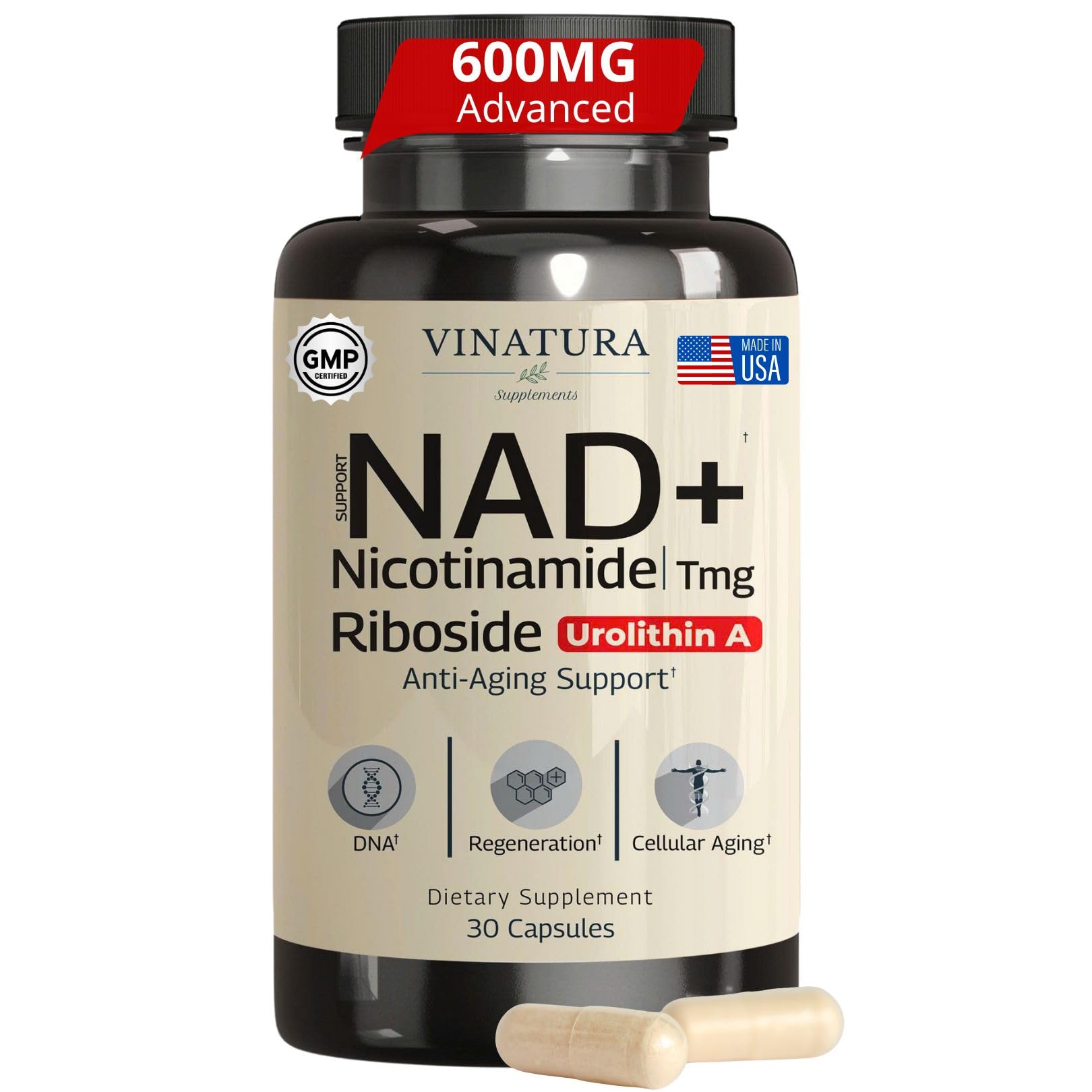 VINATURA NAD Supplement, Nicotinamide Riboside with Resveratrol - Advanced NAD+ Supplement with TMG and Urolithin A, for Women and Men - 30 Vegan Capsules VINATURA uk supplements