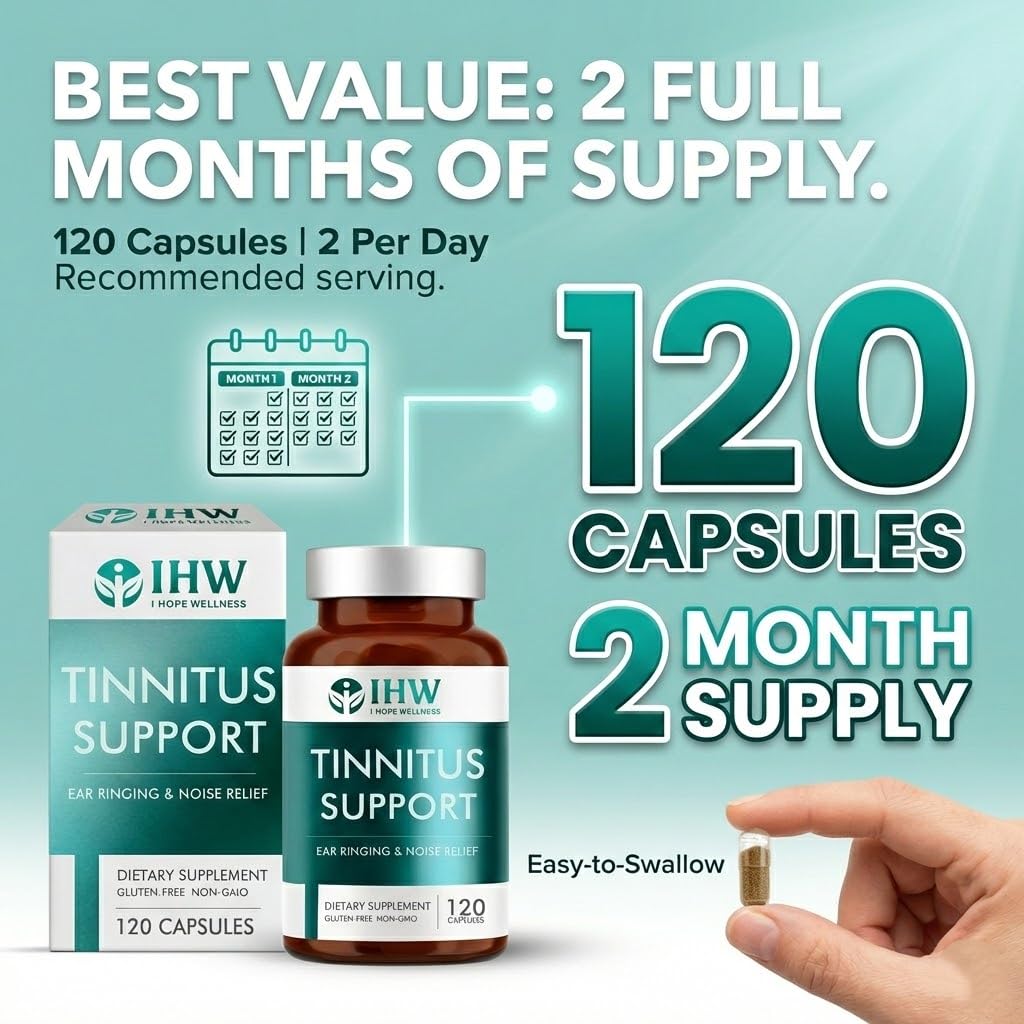 IHW Tinnitus Relief for Ringing Ears, 1200mg Tinnitus Relief Supplement, 120 Capsules, with Vitamin B Complex & C, Reduces Ringing in Ears, Promotes Hearing Wellness & Comfort IHW uk supplements