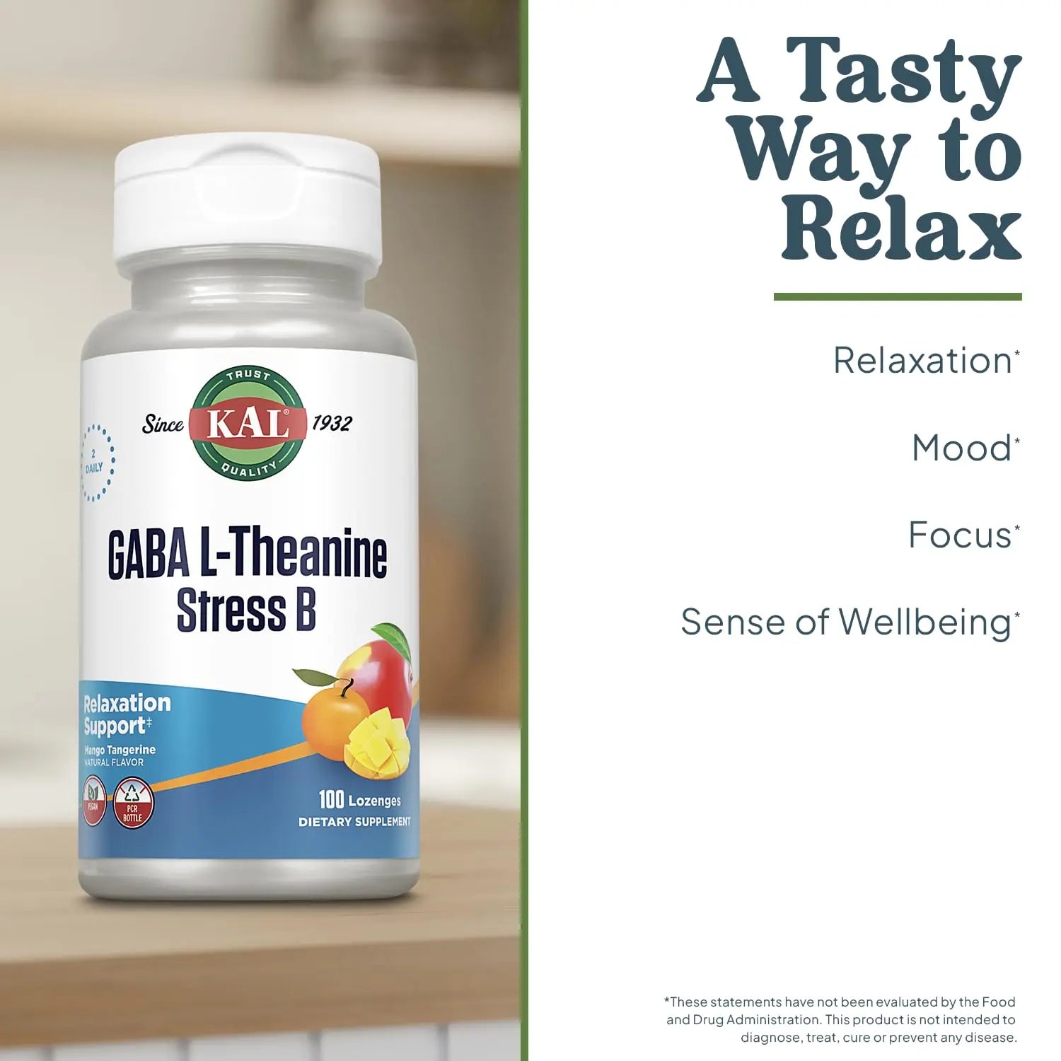 KAL GABA L-Theanine Stress B Lozenge, B Complex Vitamin Supplement, Healthy Relaxation, Mood & Focus Support KAL uk supplements
