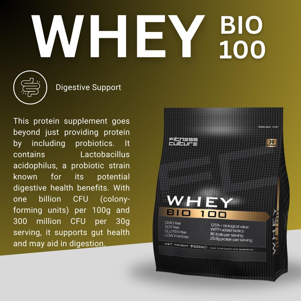 Fitness Culture Whey Bio 100 Whey Protein Powder with Pre and Pro Biotics Raspberry Flavour My Store uk supplements