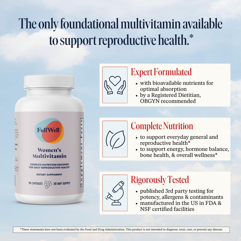FullWell Women's Multivitamin - Daily Multivitamin for Reproductive Health - Supports Future Fertility, Hormone Balance & Overall Wellness - Antioxidant Blend - CoQ10 & PQQ - 90 Count (30 Servings) FullWell uk supplements