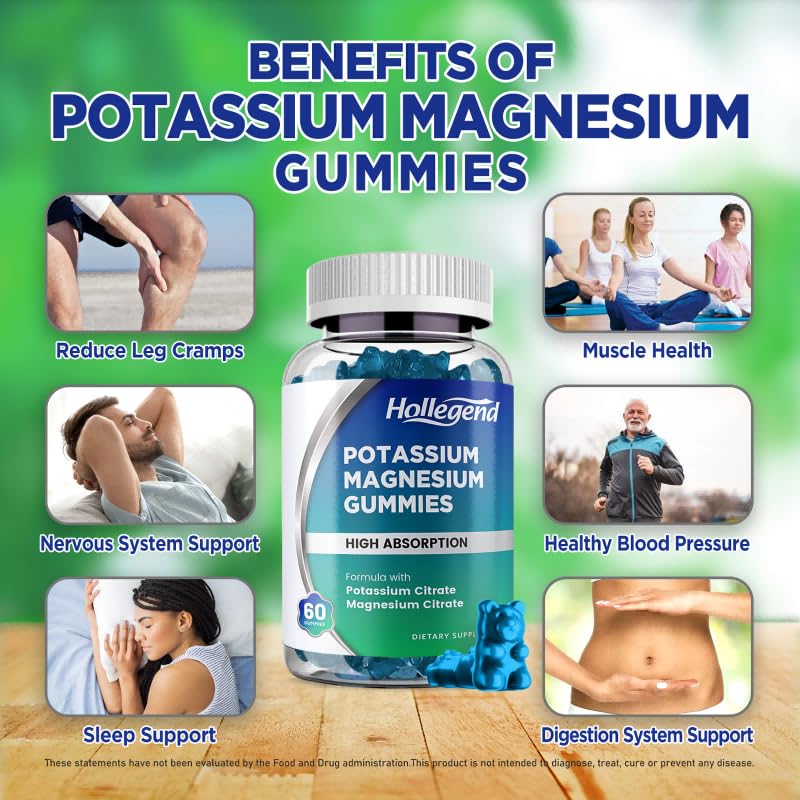 HOLLEGEND Potassium Magnesium Gummies, High Absorption Potassium Citrate 99mg Magnesium Citrate 180mg, Chewable Gummy Supplements for Leg Cramps & Muscle, 60 Count HOLLEGEND uk supplements