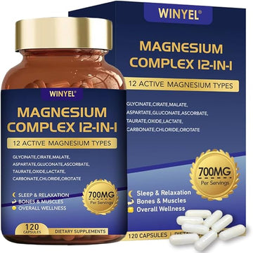 Magnesium Complex 700mg 12 in 1 Magnesium Supplement with Glycinate, Citrate, Malate | Sleep, Calm, Muscle Relaxation, Heart Health Support | Vegan 120 Capsules WINYEL uk supplements