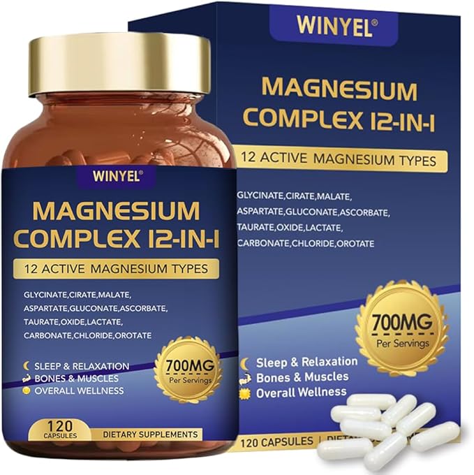 Magnesium Complex 700mg 12 in 1 Magnesium Supplement with Glycinate, Citrate, Malate | Sleep, Calm, Muscle Relaxation, Heart Health Support | Vegan 120 Capsules WINYEL uk supplements