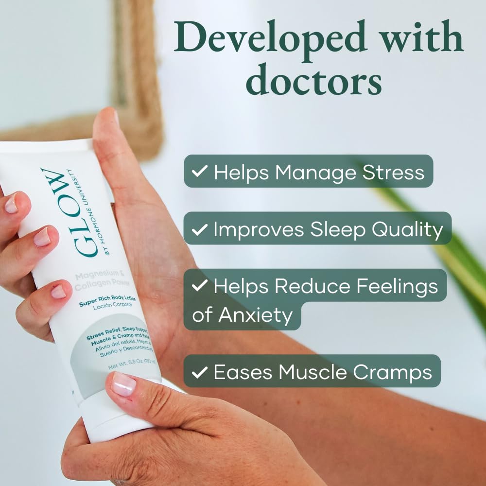 Glow by Hormone University - Magnesium Lotion with Collagen - Magnesium Cream - Bedtime Routine Sleep Lotion - The Highest Concentration of Genuine Zechstein Magnesium Chloride (Pack of 1) Glow Botanica uk supplements