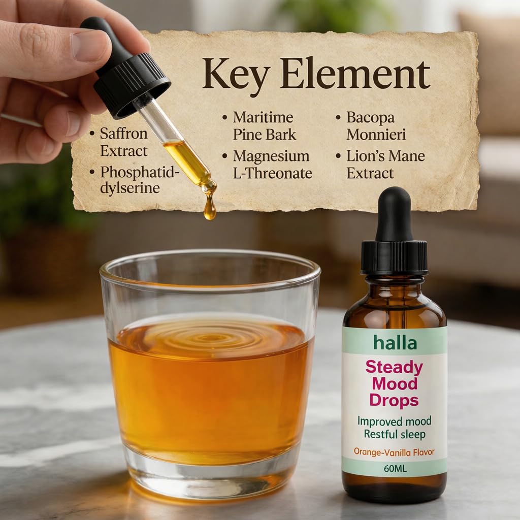 Halla Steady Mood Drops, with Saffron Extract – Fast Absorption Cognitive & Emotional Balance Supplement – Advanced Brain Nutrient Blend – Orange Vanilla Flavor, 2 fl oz DFTLUUE uk supplements