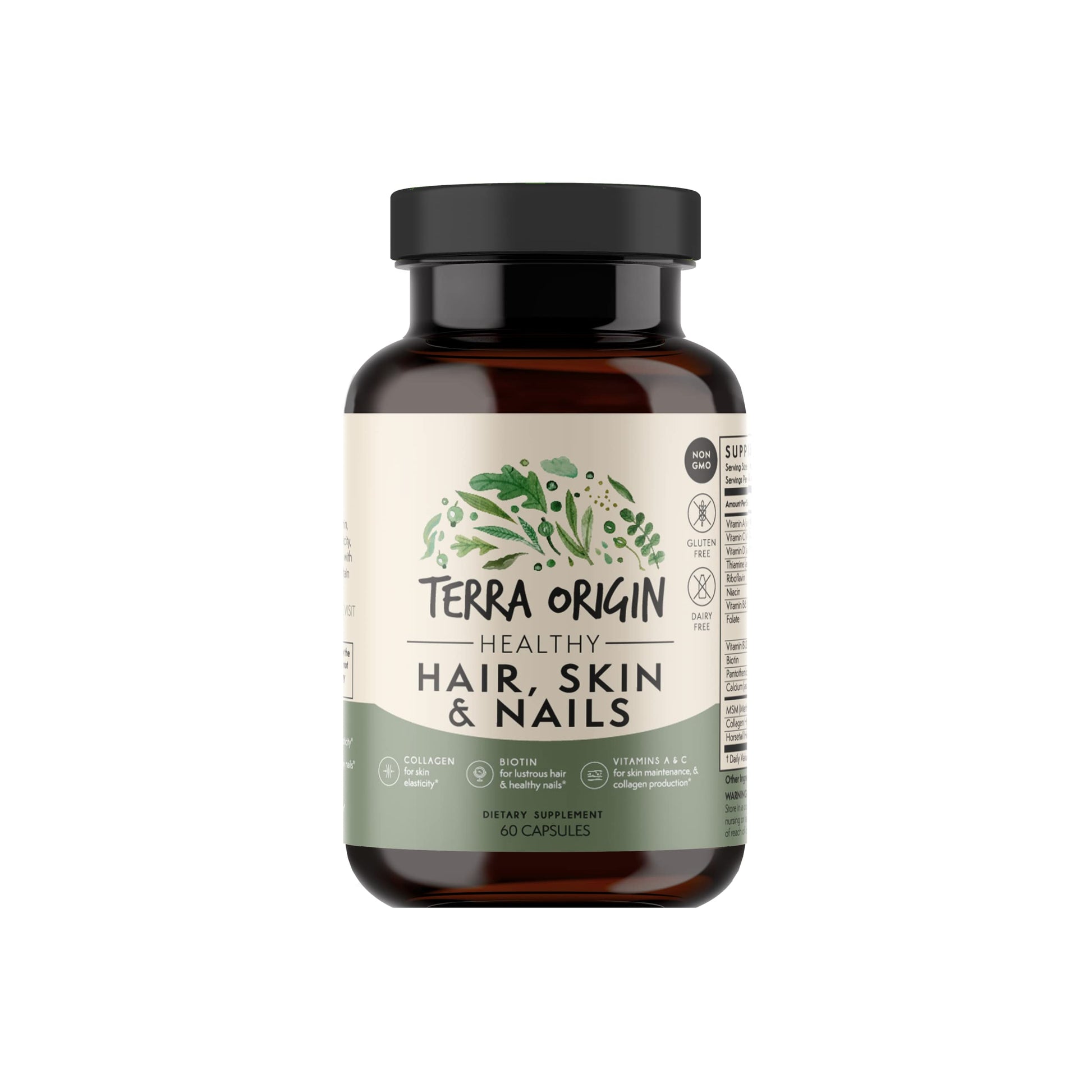TERRA ORIGIN Healthy Hair, Skin and Nails Supplement | Collagen, Biotin, Horsetail & B-Complex | Supports Hair Strength, Skin Elasticity & Nail Growth | Vitamins for Women and Men | 60 Capsules TERRA ORIGIN uk supplements