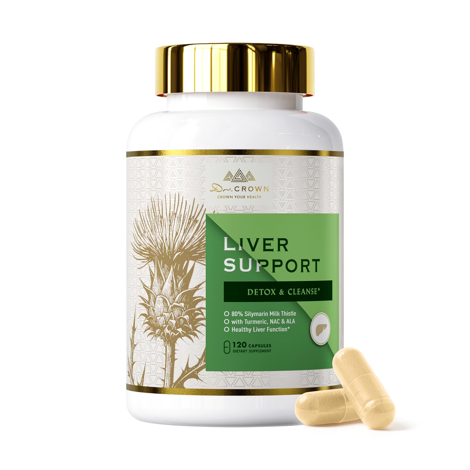 DR. Crown Liver Cleanse Detox & Repair - Milk Thistle Supplement, with Silymarin, N-Acetyl Cysteine(NAC), Artichoke, Turmeric & Dandelion for Liver Detox, Cleanse, Gluten Free, Non-GMO - 120 Capsules DR. CROWN uk supplements