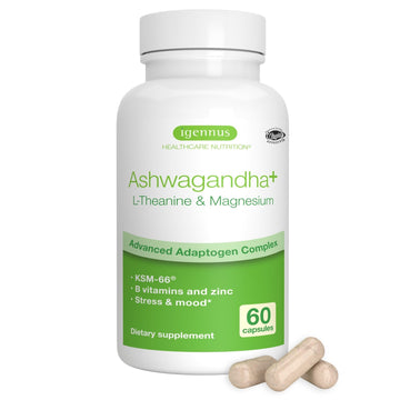 Igennus High Strength Ashwagandha, Magnesium, & L-Theanine Stress Relief Complex, KSM-66 Root Extract Adaptogens, Boosted with Methylfolate, Zinc & Biotin Clean Label, 60 Fast Acting Capsules Igennus Healthcare Nutrition uk supplements