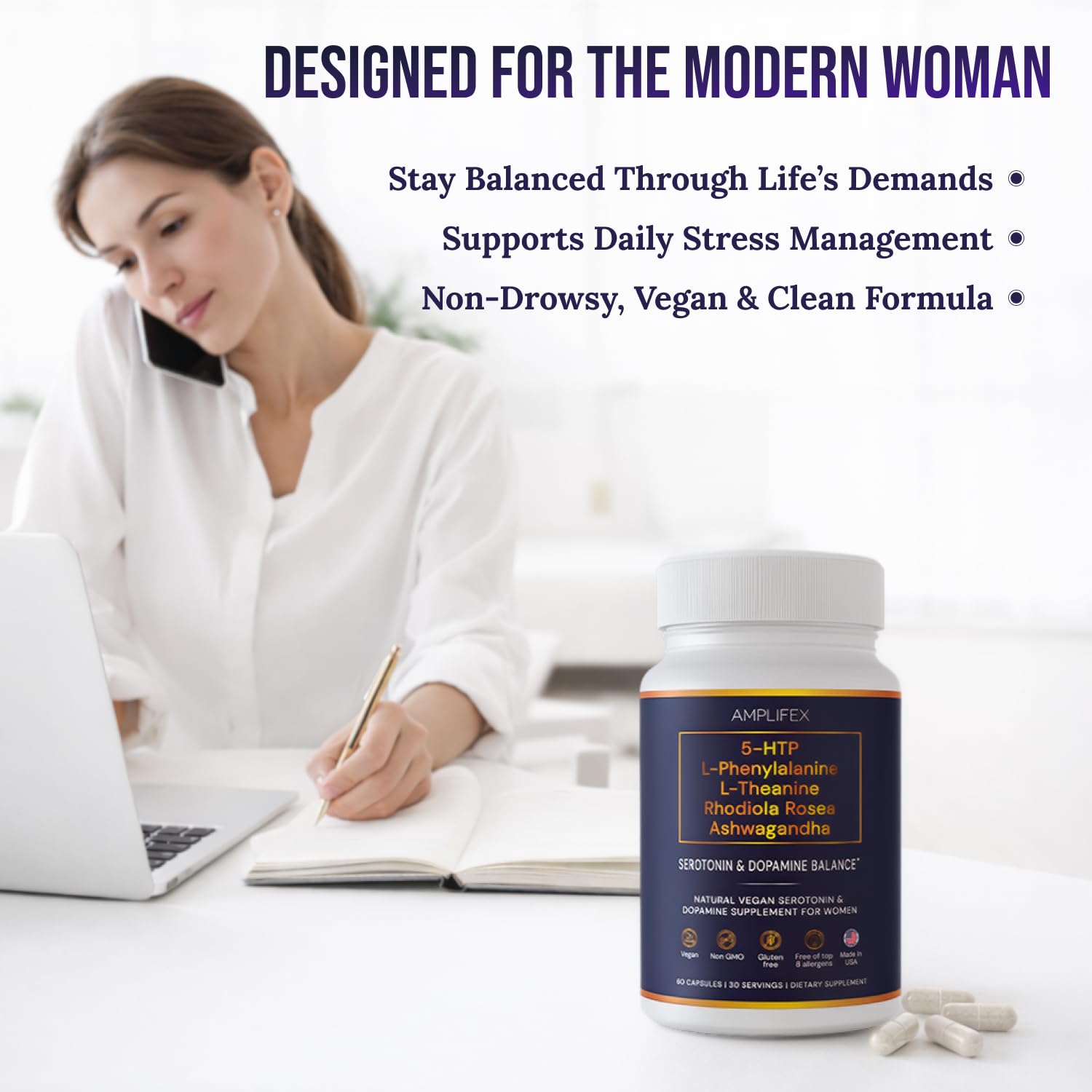 5-HTP Serotonin & Dopamine Support Complex with L-Theanine, L-Phenylalanine, Ashwagandha, Rhodiola B-Vitamins & Adaptogenic Herbal Blend – Mood & Stress Support for Women – Natural Vegan Non GMO AMPLIFEX uk supplements