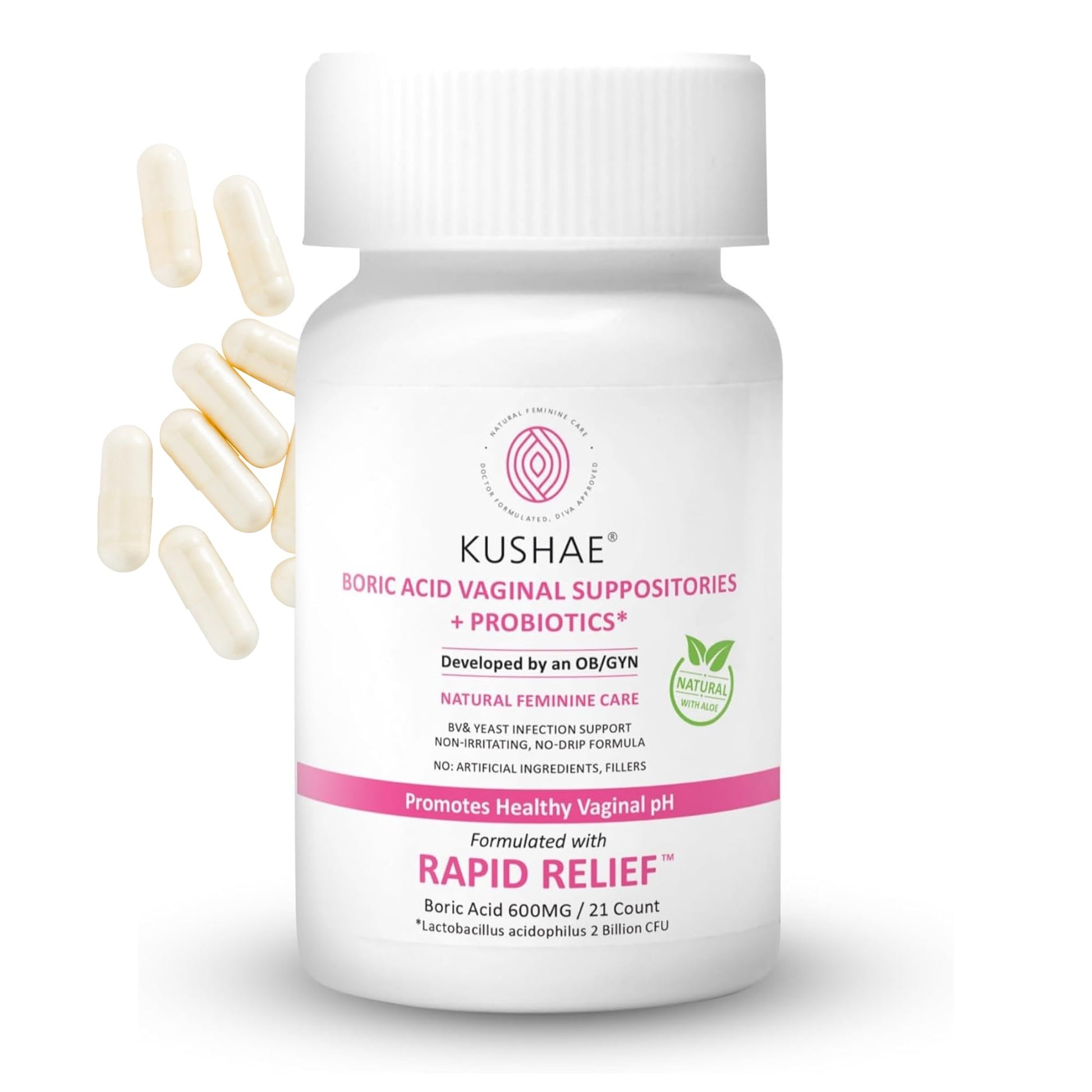 Kushae Boric Acid Suppositories + Rapid Relief, All Natural Female Suppositories with Probiotics & Aloe Vera, Relieves Discomfort & Balances pH Level Bottle Only 21 Capsules Kushae uk supplements