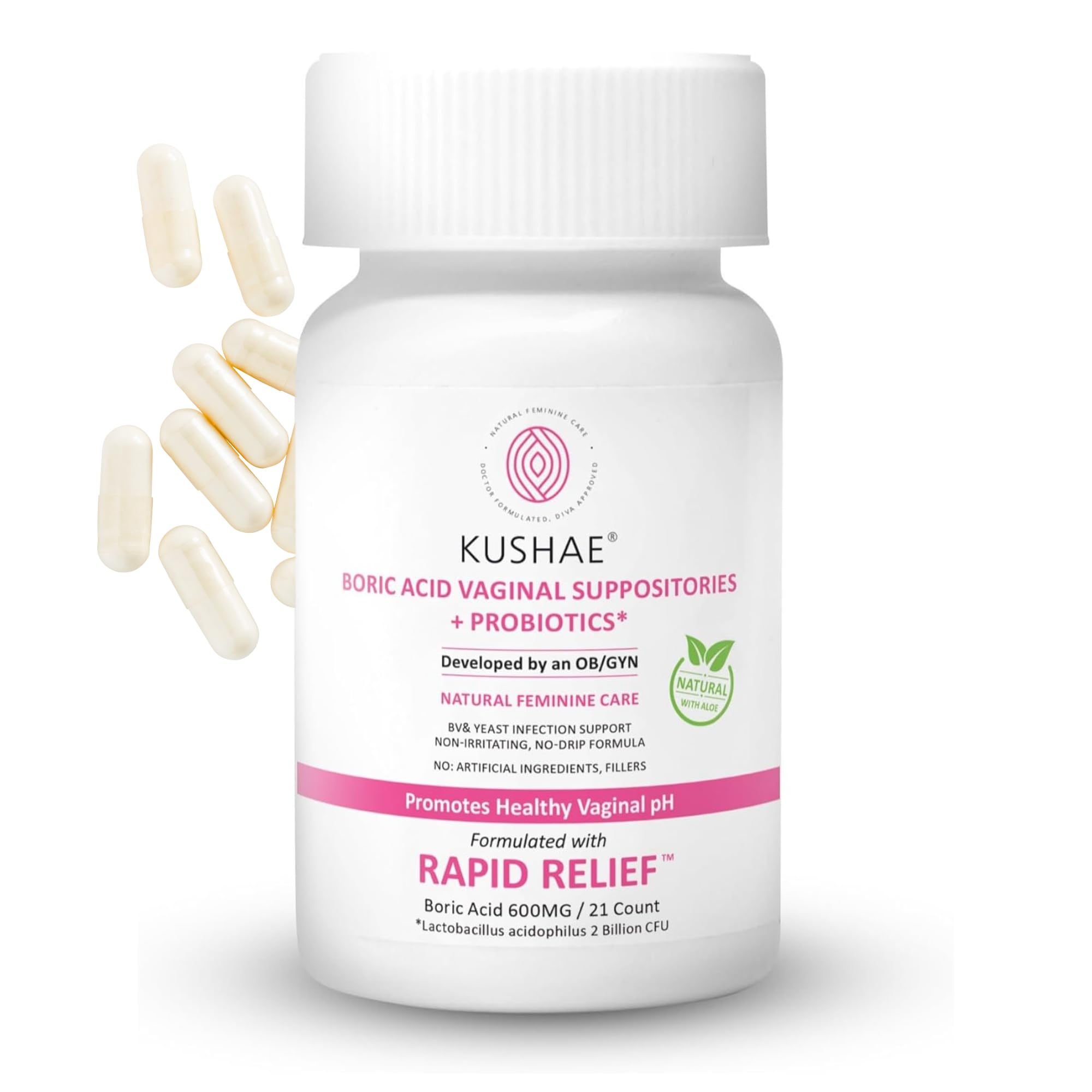 Kushae Boric Acid Suppositories + Rapid Relief, All Natural Female Suppositories with Probiotics & Aloe Vera, Relieves Discomfort & Balances pH Level Bottle Only 21 Capsules Kushae uk supplements