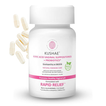 Kushae Boric Acid Suppositories + Rapid Relief, All Natural Female Suppositories with Probiotics & Aloe Vera, Relieves Discomfort & Balances pH Level Bottle Only 21 Capsules Kushae uk supplements